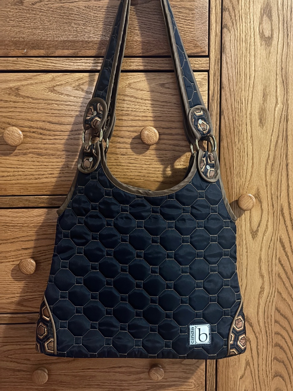 Cinda B Black Quilted Shoulder Bag with Brown Trim